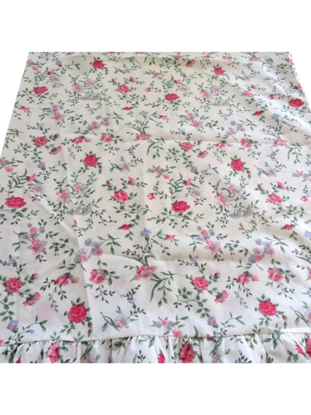 Vintage Floral Ruffle Standard Pillowcase White Pink Green Cotton Cottagecore